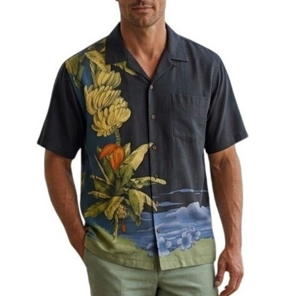 Tommy Bahama Silk Camp Shirt XL Black Banana Tree Tropical Graphic Aloha Button